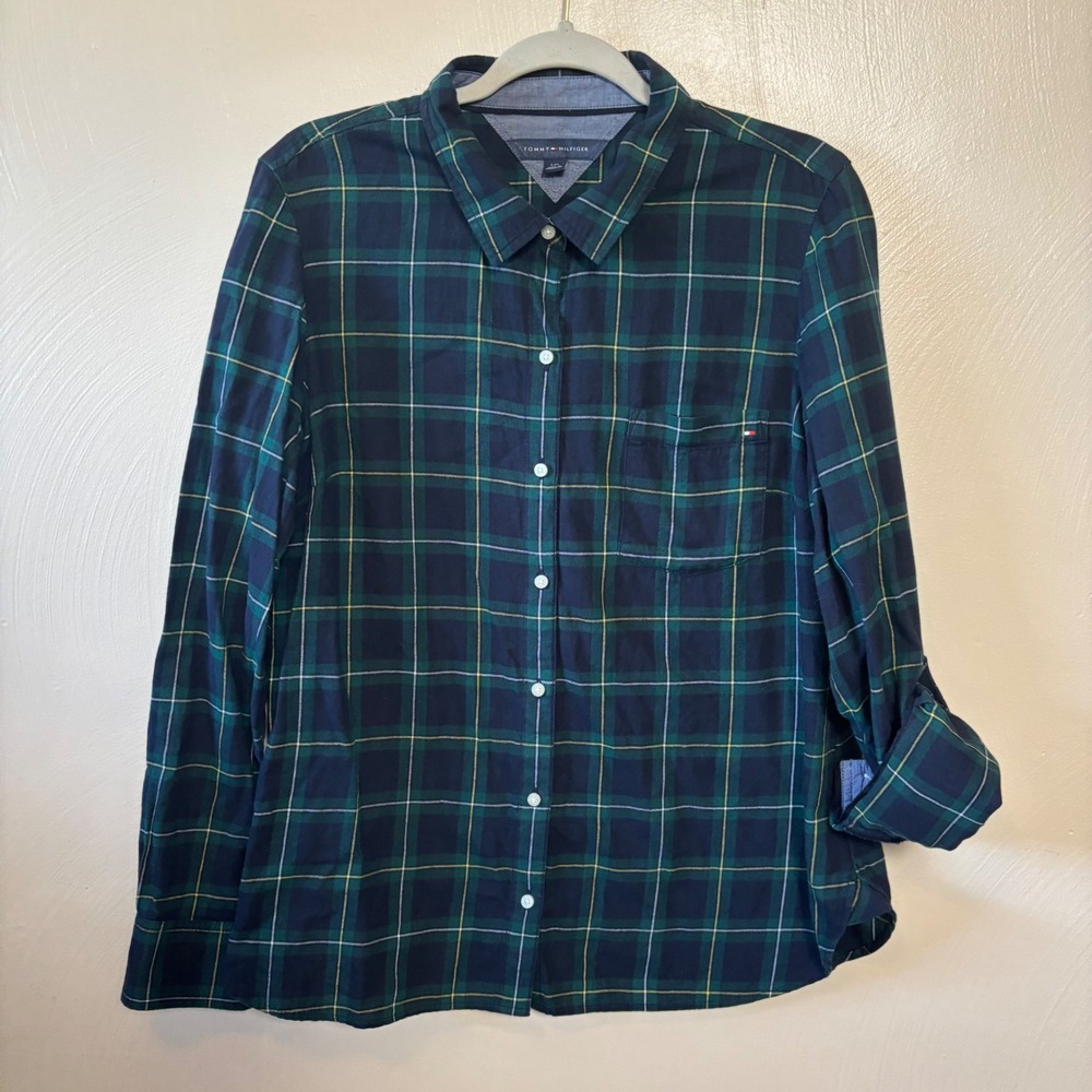 Tommy Hilfiger Womens Button‎ Down Shirt Top Blue Green Plaid Roll Up Sleeve L